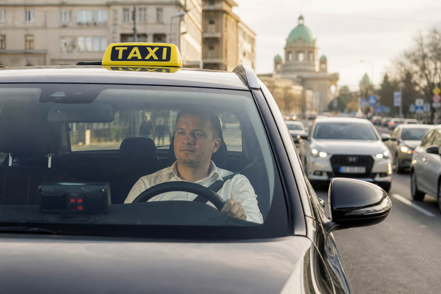 Taksista u automobilu na ulici u Beogradu