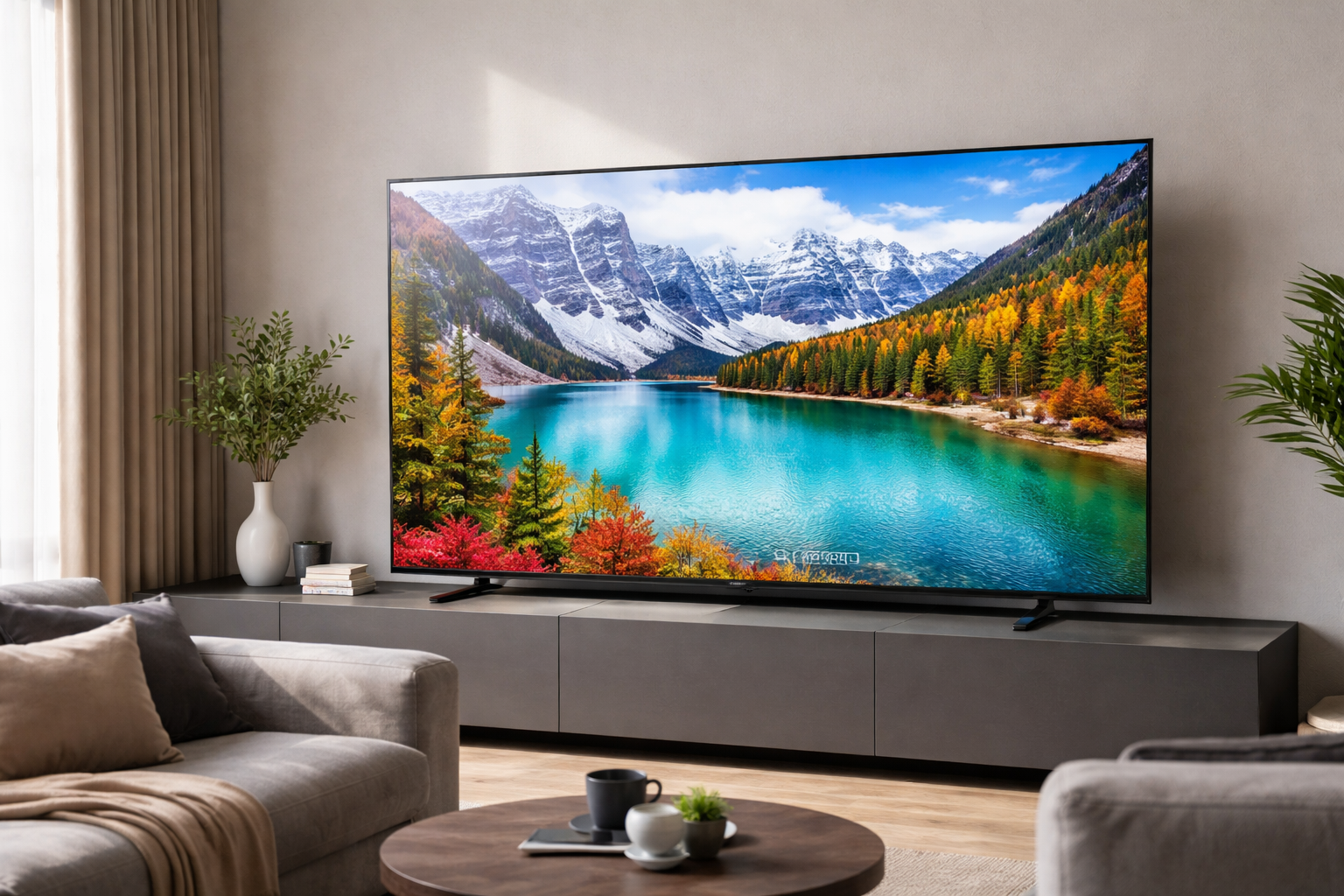 Xiaomi TV S Pro Mini LED televizor u modernoj dnevnoj sobi sa prikazom prirode u 4K rezoluciji