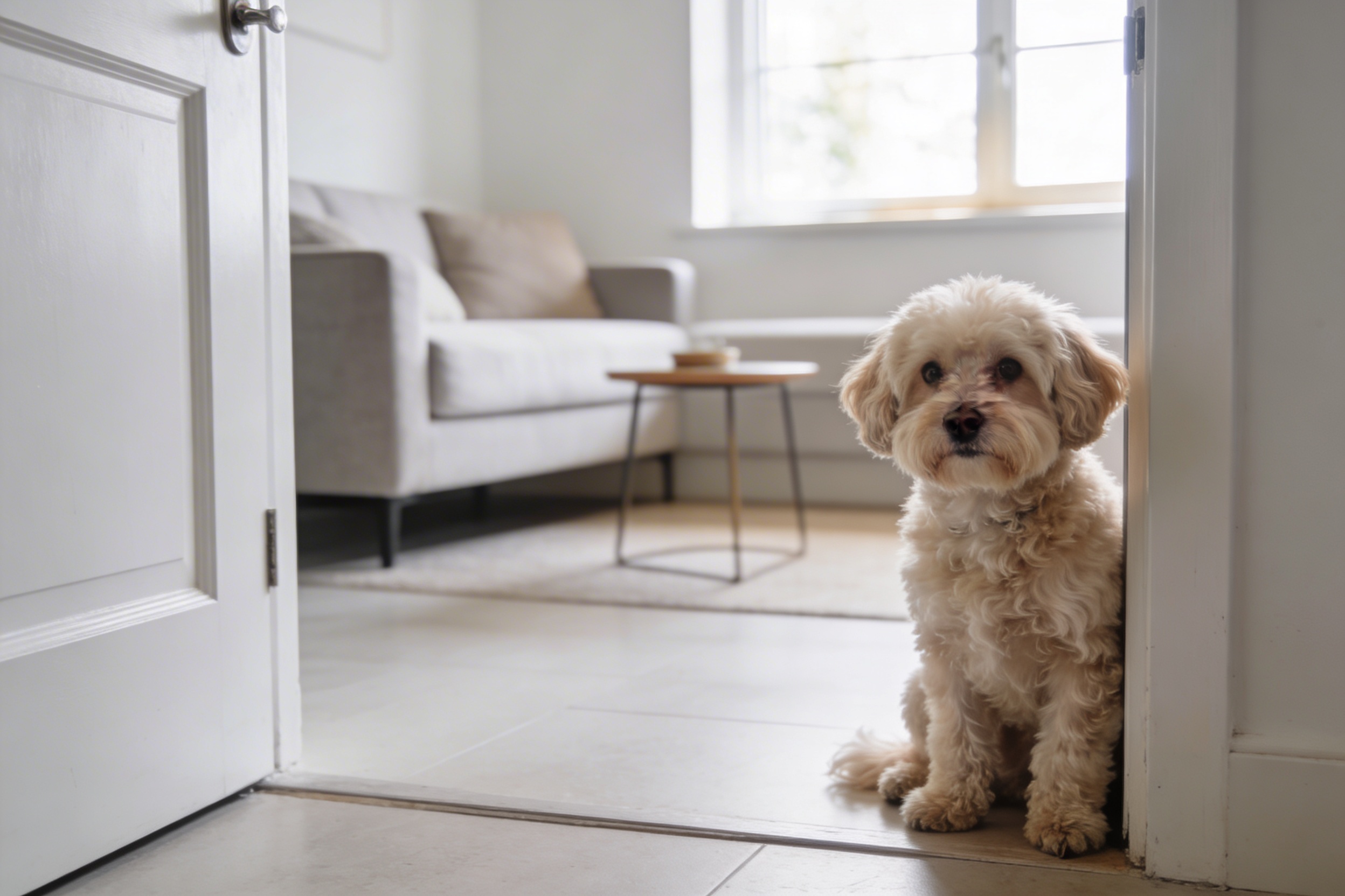 Maltipoo pas sam u dnevnom boravku, sedi pored ulaznih vrata i deluje blago zabrinuto zbog odvajanja