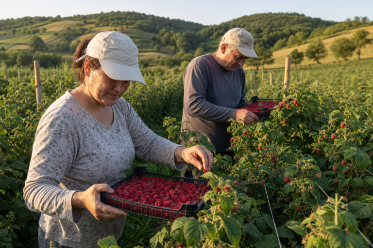 Berači malina u malinaku tokom letnje berbe u Srbiji