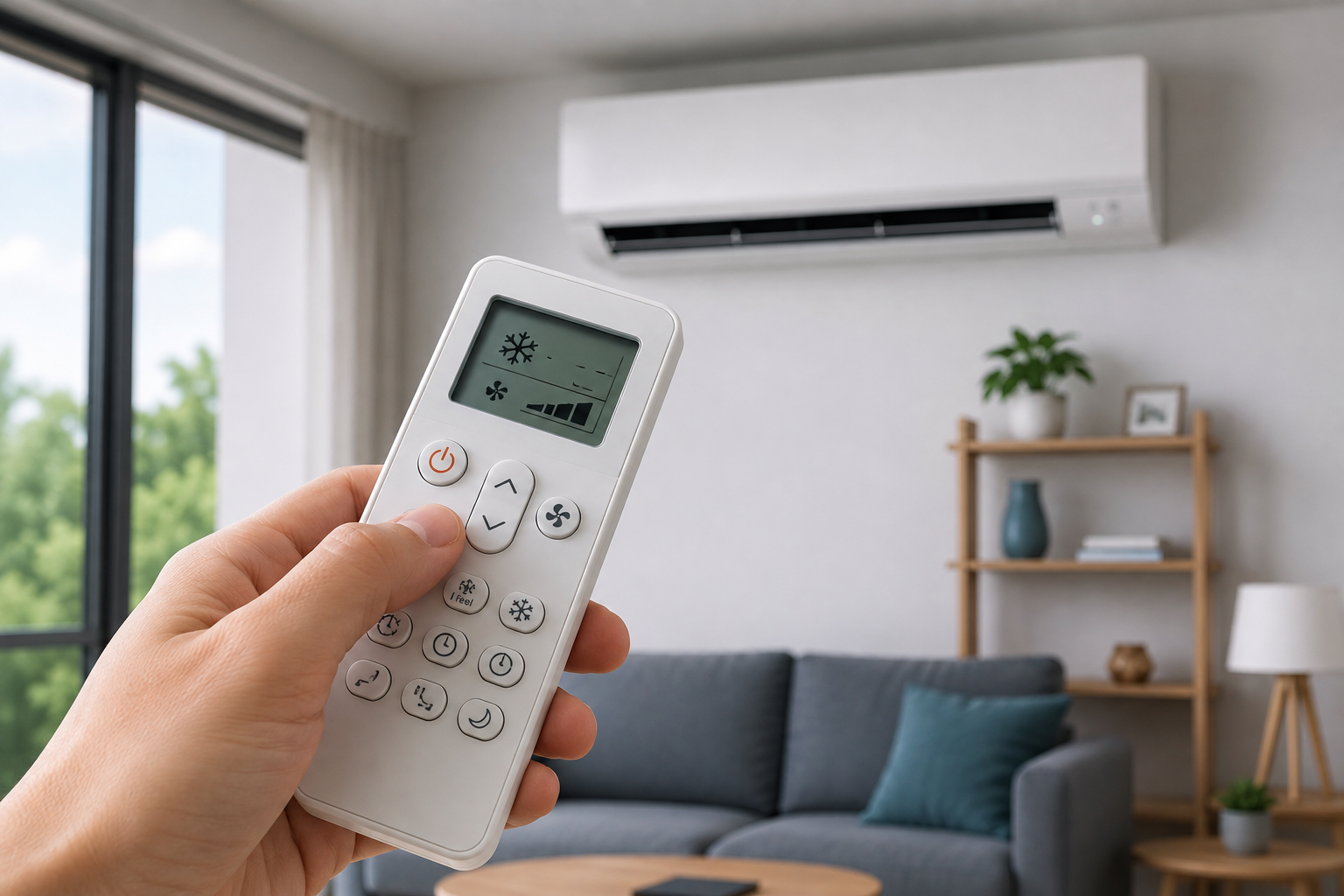 TCL klima daljinski upravljač sa prikazom funkcija ispred zidnog klima uređaja u modernom dnevnom boravku.