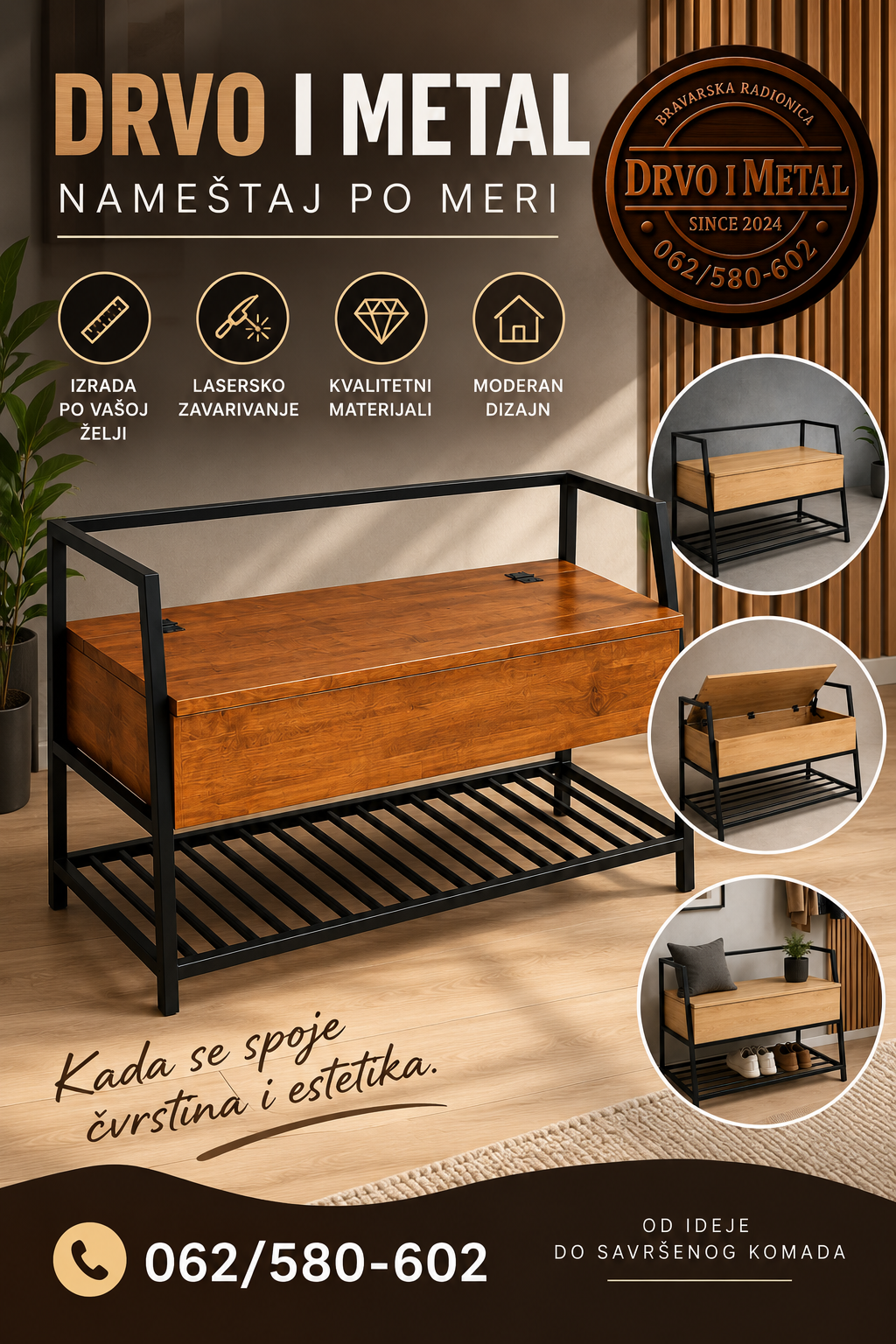 Drvo i metal nameštaj po meri – moderna klupa sa metalnom konstrukcijom i drvenim sandukom